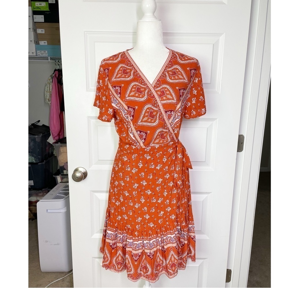 Boutique Summer Wrap V Neck Bohemian Floral Print Ruffle Swing A Line Mini Dress - Picture 3 of 10